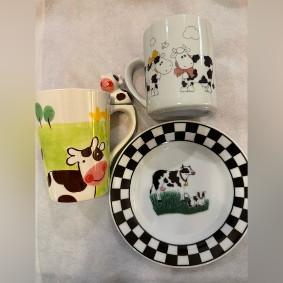 various Other - 2 adorable cow mugs (12 oz) and a 7” KMC cow plate.